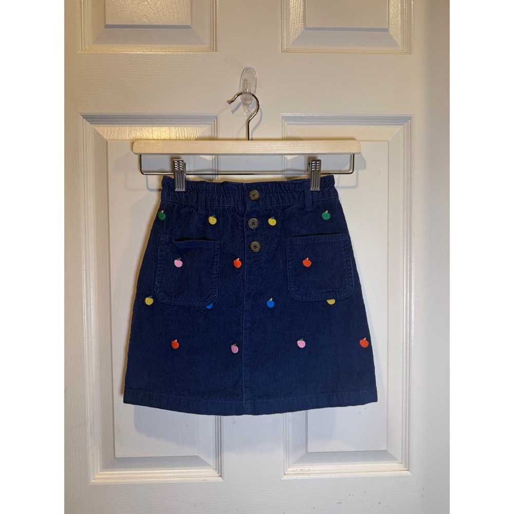 Mini Boden Girls Navy Blue Corduroy Apple Embroidered Skirt Size 8-9Y